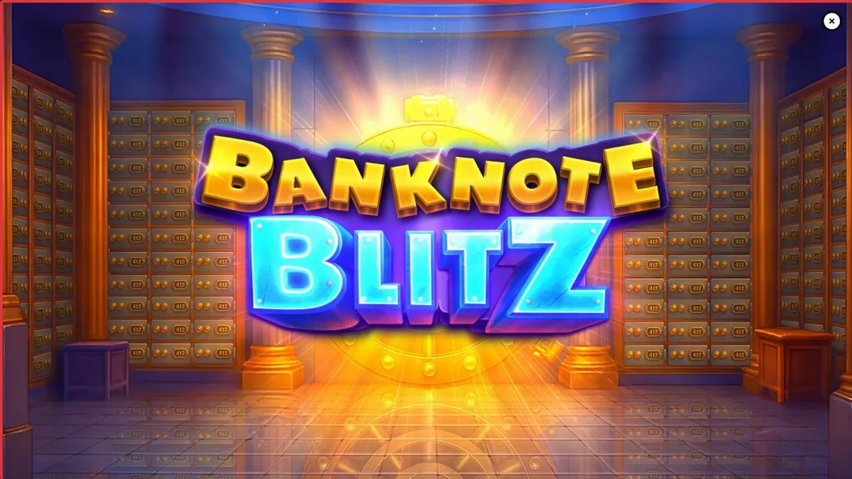 Banknote Blitz slot machine interface featuring a glowing win frame inside a bank vault.