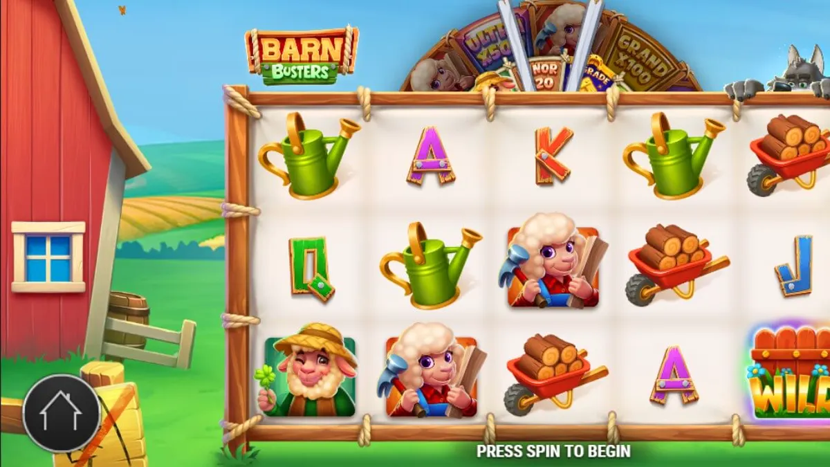 Barn Busters سلاٹ مشین کا ایک منظر جس میں دیہی فارم کا پس منظر اور پہیہ دکھایا گیا ہے