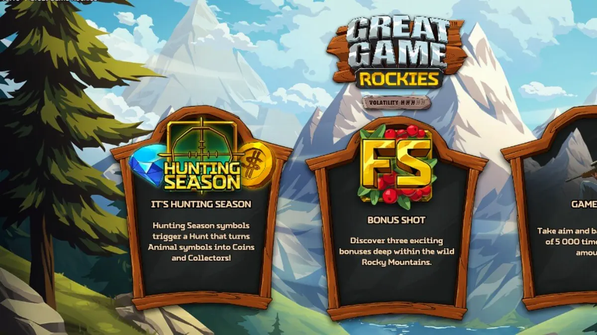 Great Game Rockies اسلاٹ گیم کا منظر جس میں پہاڑی پس منظر اور جنگلی جانوروں کی علامتیں دکھائی گئی ہیں۔